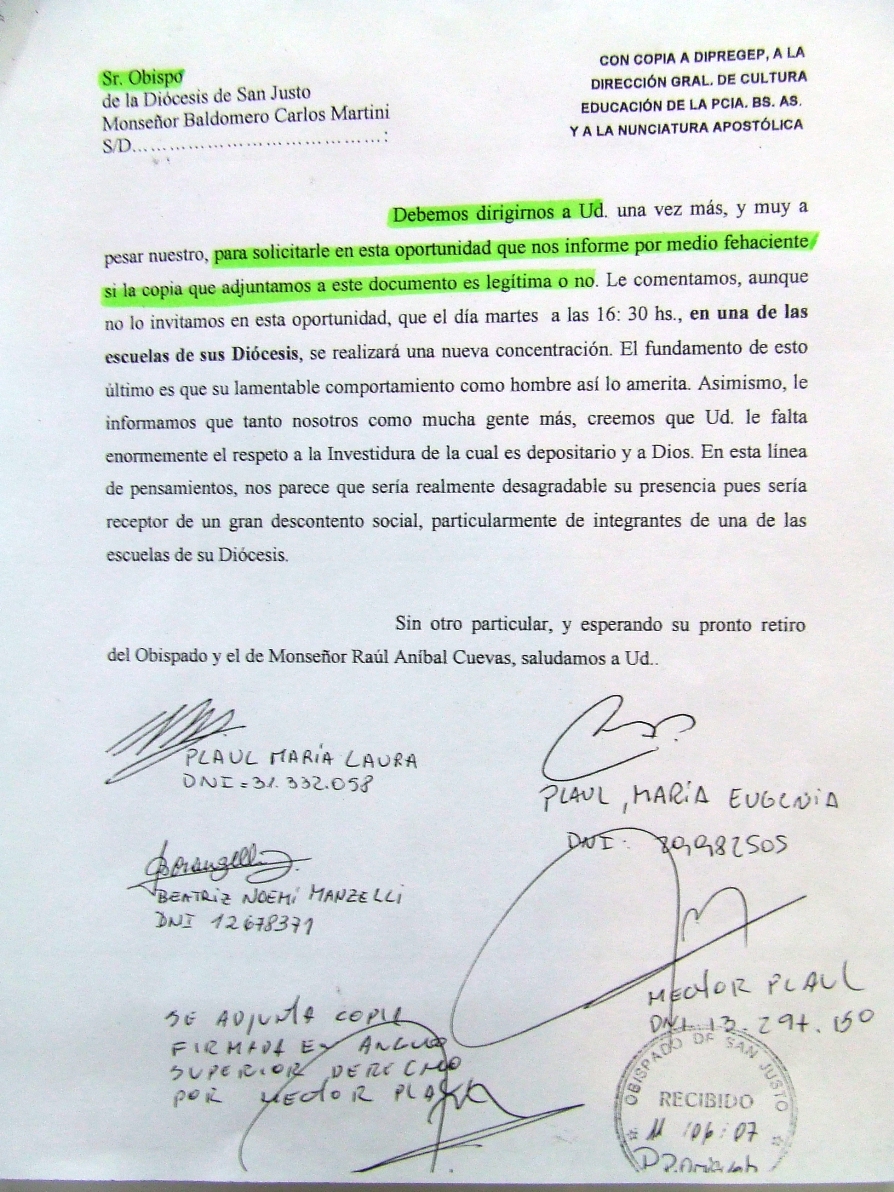Carta peticionando sobre veracidad del decreto Episcopal