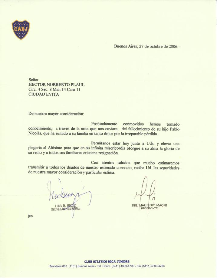 Carta envíada por el club atletico boca juniors